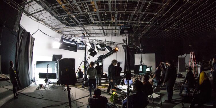 Film set studio photographed with fish eye lens